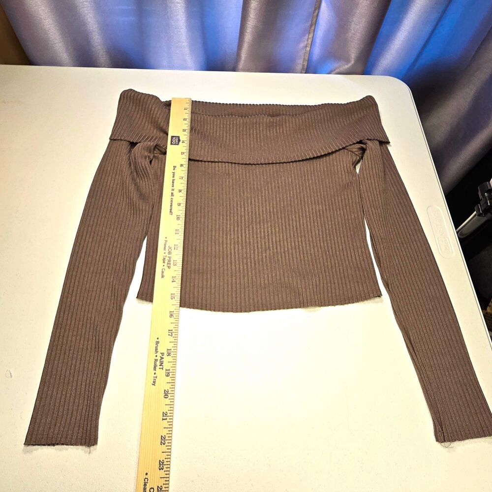 Wild Fable Women's Brown/gray Rib-Knit Off-Shoulder Long Sleeve Sweater L